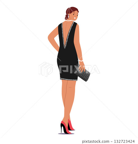 Elegant woman character wearing pearl necklace and short black evening dress isolated on white 132723424