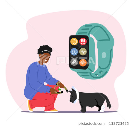 Woman pet owner using wearable well-being activity and health tracker for dog cartoon scene 132723425