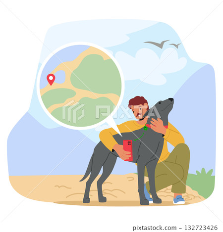 Man pet owner using gps collar connected to smartphone for dog control and tracking cartoon scene 132723426