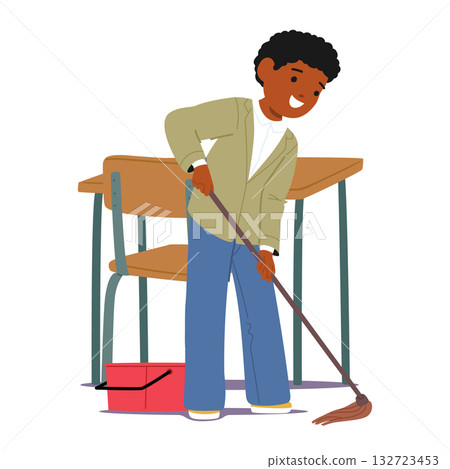 Cute schoolboy cartoon character actively washing school classroom floor standing nearby desk Cute schoolboy cartoon character actively washing school classroom floor standing nearby desk 132723453