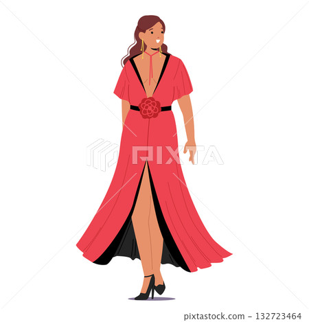 Beautiful charming woman cartoon character wearing elegant red evening dress isolated on white 132723464