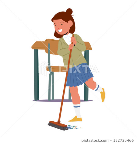 Happy smiling schoolgirl sweeping school classroom floor with positive attitude toward chores 132723466