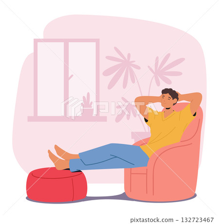 Relaxed young man cartoon character peacefully resting on armchair enjoying home comfort scene 132723467