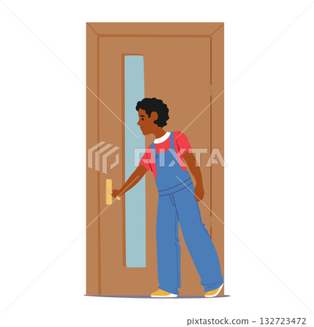 Elementary age boy cartoon character diligently engaged in action of closing door isolated on white Elementary age boy cartoon character diligently engaged in action of closing door isolated on white 132723472