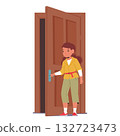 Elementary age girl cartoon character opening door showcasing daily actions and everyday activities 132723473