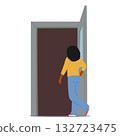 Elementary age girl cartoon character going out opening room door isolated on white background 132723475