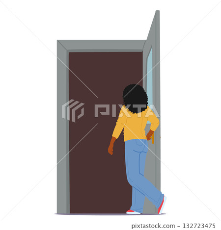 Elementary age girl cartoon character going out opening room door isolated on white background Elementary age girl cartoon character going out opening room door isolated on white background 132723475