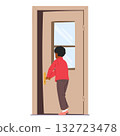 Little boy child cartoon character closing opened door standing backside isolated on white 132723478