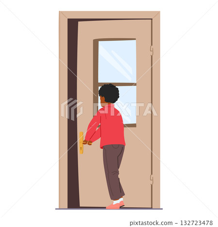 Little boy child cartoon character closing opened door standing backside isolated on white Little boy child cartoon character closing opened door standing backside isolated on white 132723478
