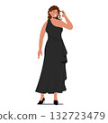 Happy smiling elegant woman cartoon character wearing long black evening dress isolated on white 132723479