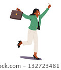 Happy smiling businesswoman cartoon character dancing sharing positive vibes isolated on white 132723481