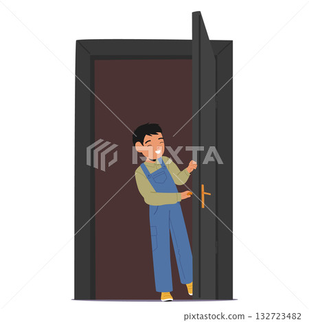 Little boy child cartoon character going in opening door of home or school isolated on white 132723482