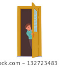 Boy cartoon character into peeking out of door feeling curiosity and playfulness isolated on white 132723483