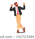Happy joyful businessman cartoon character dancing with raised hands rejoicing and celebrating 132723484