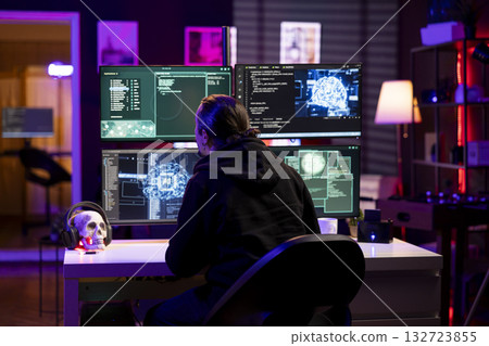 Hacker runs neural network tech program to breach company security and open locked databases. Rogue programmer doing cyber attacks, operating advanced hacking platforms with deep learning technology Hacker runs neural network tech program to breach company security and open locked databases. Rogue programmer doing cyber attacks, operating advanced hacking platforms with deep learning technology 132723855