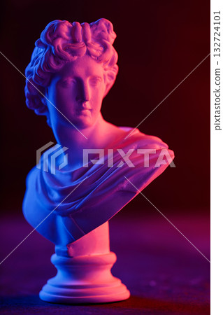 Plaster Head with Pink Blue Neon Contrast on Dark Background 132724101