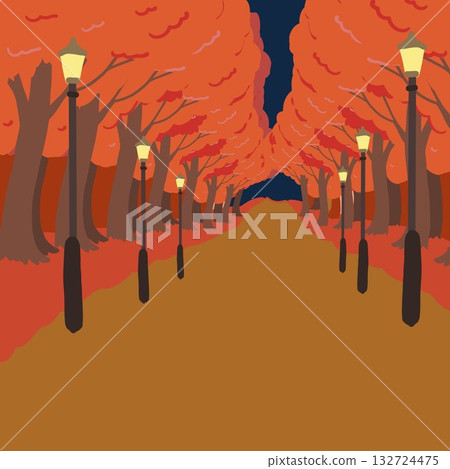 黃昏時分,路燈照亮了鋪滿地面的楓葉。 黃昏時分,路燈照亮了鋪滿地面的楓葉。 132724475
