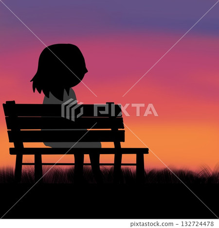 Silhouette illustration with sunset sky as background: A person sitting on a bench watching the sunset 132724478