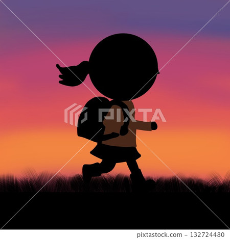 Silhouette illustration against the backdrop of a sunset: Student (child with school bag) 132724480