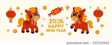 Cute Cartoon Horses for Chinese New Year, Year of the Horse, Happy New Year Illustration Cute Cartoon Horses for Chinese New Year, Year of the Horse, Happy New Year Illustration 132724482
