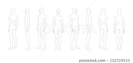 Set of Vector illustration of a 7 head woman, displaying multiple angles including front, side, and back. Perfect for 132724533