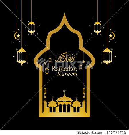 Vector - Golden silhouette of mosque and hanging lanterns on black background, Ramadan Kareem, greeting card Vector - Golden silhouette of mosque and hanging lanterns on black background, Ramadan Kareem, greeting card 132724710