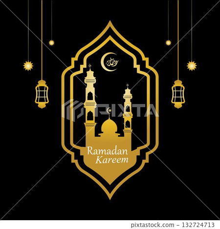 Vector - Golden silhouette of mosque and hanging lanterns on black background, Ramadan Kareem, greeting card 132724713
