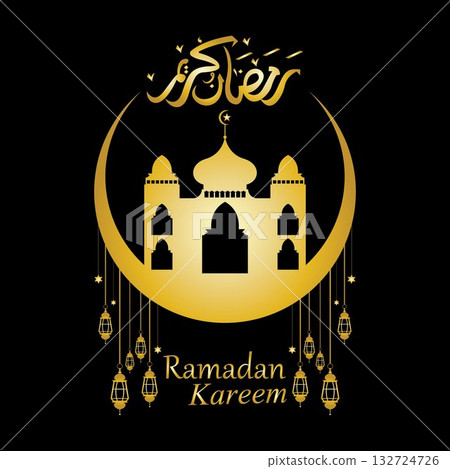 Vector - Golden silhouette of mosque and hanging lanterns on black background, Ramadan Kareem, greeting card Vector - Golden silhouette of mosque and hanging lanterns on black background, Ramadan Kareem, greeting card 132724726