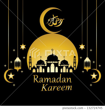 Vector - Golden silhouette of mosque and hanging lanterns on black background, Ramadan Kareem, greeting card 132724745