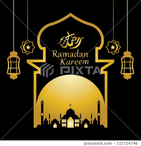 Vector - Golden silhouette of mosque and hanging lanterns on black background, Ramadan Kareem, greeting card 132724746
