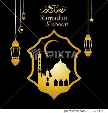 Vector - Golden silhouette of mosque and hanging lanterns on black background, Ramadan Kareem, greeting card Vector - Golden silhouette of mosque and hanging lanterns on black background, Ramadan Kareem, greeting card 132724749
