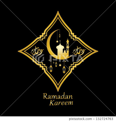 Vector - Golden silhouette of mosque and hanging lanterns on black background, Ramadan Kareem, greeting card 132724763