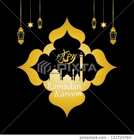 Vector - Golden silhouette of mosque and hanging lanterns on black background, Ramadan Kareem, greeting card 132724764