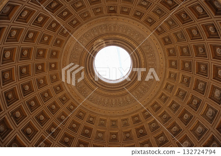 Rotunda oculus dome coffered ceiling circular skylight geometric pattern Vatican Museums interior no people. High quality photo 132724794