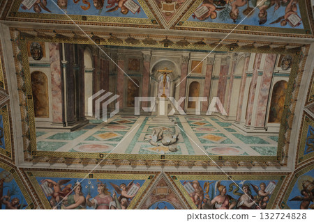 Perspective view of renaissance ceiling and illusionistic painted architecture trompe l oeil columns arches and tiled floor museum room interior Rome Italy heritage. High quality photo Perspective view of renaissance ceiling and illusionistic painted architecture trompe l oeil columns arches and tiled floor museum room interior Rome Italy heritage. High quality photo 132724828