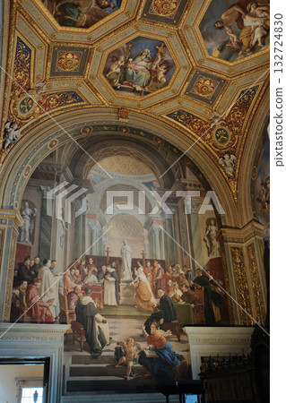 Renaissance fresco School of Athens grand hall archway classical architecture detailed mural scholars perspective symmetry museum interior Rome Italy travel heritage no people. High quality photo 132724830
