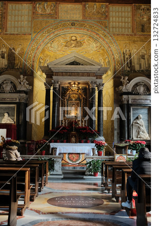 Archbasilica of Saint John Lateran interior Rome golden coffered ceiling marble columns statues ornate chapels baptistery and apse Catholic basilica Italy. High quality photo Archbasilica of Saint John Lateran interior Rome golden coffered ceiling marble columns statues ornate chapels baptistery and apse Catholic basilica Italy. High quality photo 132724833