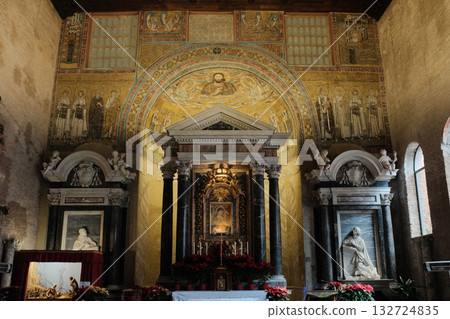 Archbasilica of Saint John Lateran interior Rome golden coffered ceiling marble columns statues ornate chapels baptistery and apse Catholic basilica Italy. High quality photo Archbasilica of Saint John Lateran interior Rome golden coffered ceiling marble columns statues ornate chapels baptistery and apse Catholic basilica Italy. High quality photo 132724835