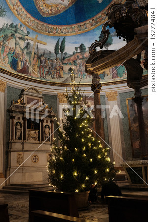 Basilica of the Holy Cross in Jerusalem Rome apse with mosaic baldachin and nativity scene Christmas decorations ornate Catholic church interior editorial use only. High quality photo Basilica of the Holy Cross in Jerusalem Rome apse with mosaic baldachin and nativity scene Christmas decorations ornate Catholic church interior editorial use only. High quality photo 132724841