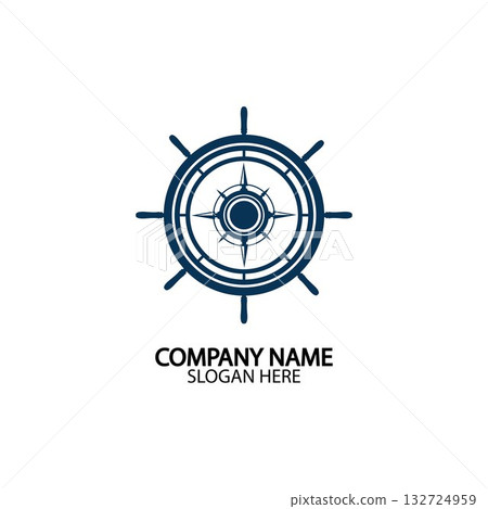 Ship steering wheel and conpass rose navigation symbol or logo isolated on white background - vector illustration 132724959