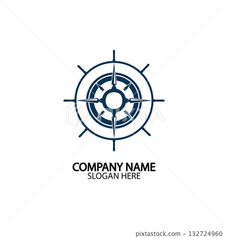 Ship steering wheel and conpass rose navigation symbol or logo isolated on white background - vector illustration 132724960