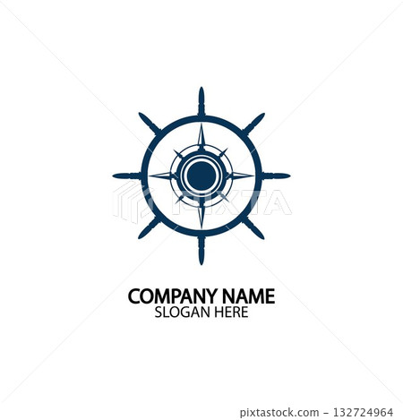 Ship steering wheel and conpass rose navigation symbol or logo isolated on white background - vector illustration 132724964