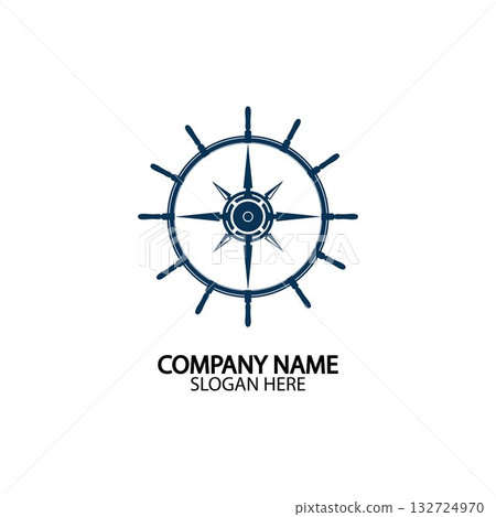 Ship steering wheel and conpass rose navigation symbol or logo isolated on white background - vector illustration 132724970