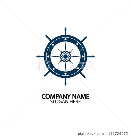 Ship steering wheel and conpass rose navigation symbol or logo isolated on white background - vector illustration Ship steering wheel and conpass rose navigation symbol or logo isolated on white background - vector illustration 132724975