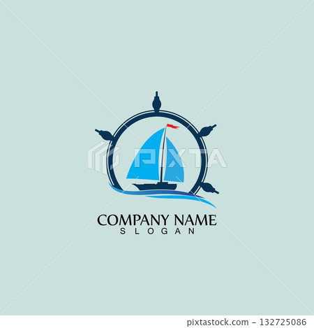 Ship and Boat Helm Steering Wheel on The Wave Water Ocean Logo Symbol 132725086