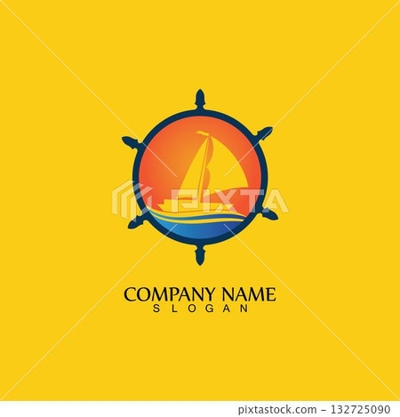 Ship and Boat Helm Steering Wheel on The Wave Water Ocean Logo Symbol 132725090