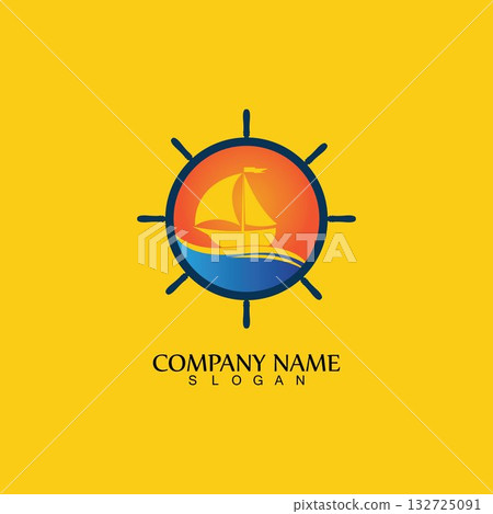 Ship and Boat Helm Steering Wheel on The Wave Water Ocean Logo Symbol 132725091