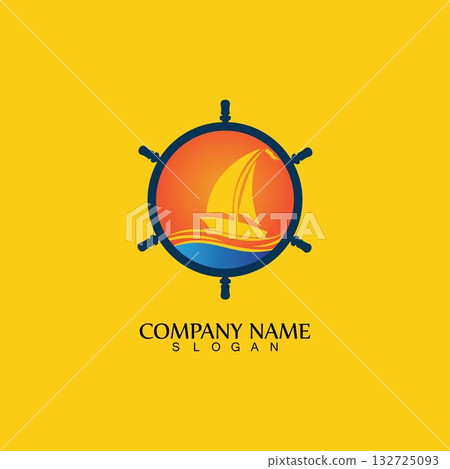 Ship and Boat Helm Steering Wheel on The Wave Water Ocean Logo Symbol 132725093