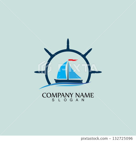 Ship and Boat Helm Steering Wheel on The Wave Water Ocean Logo Symbol Ship and Boat Helm Steering Wheel on The Wave Water Ocean Logo Symbol 132725096