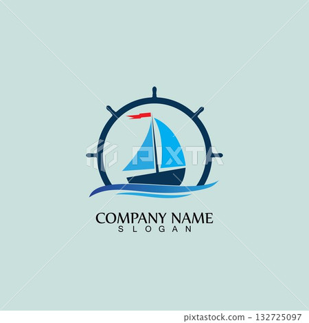 Ship and Boat Helm Steering Wheel on The Wave Water Ocean Logo Symbol 132725097